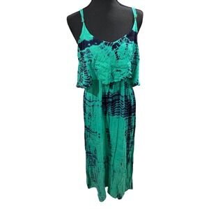 Japna Teal Navy Blue Tie Dye Ruffle Maxi Dress Womens Size Medium Boho Summer